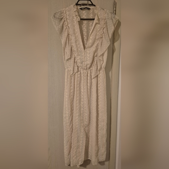 Zara Cream Midi Dress with Ruffle Details - Picture 2 of 11
